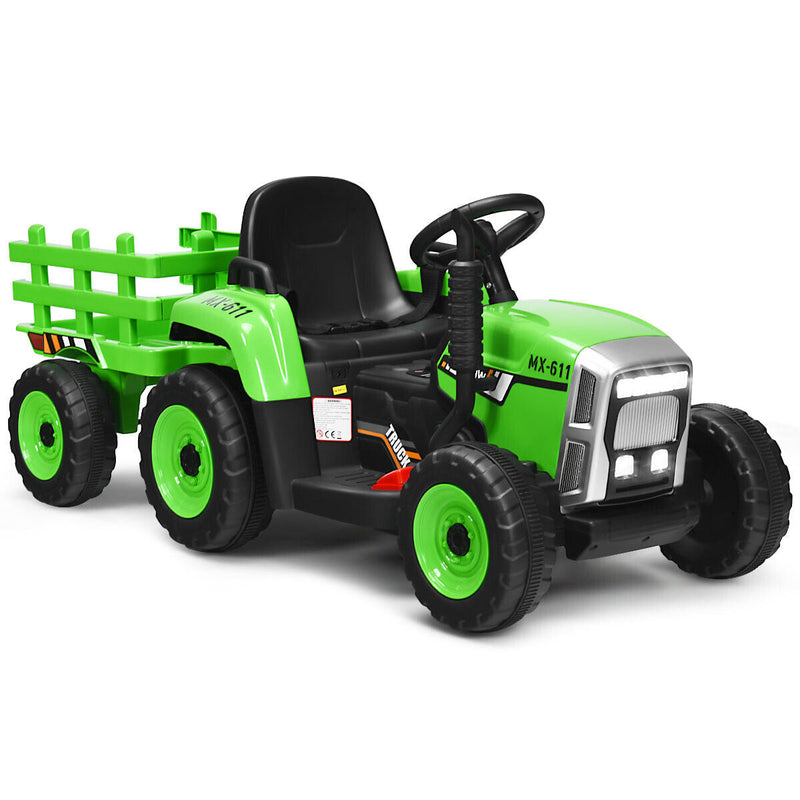 Green 12V Kids Ride On Tractor Trailer with RC Control and Lights