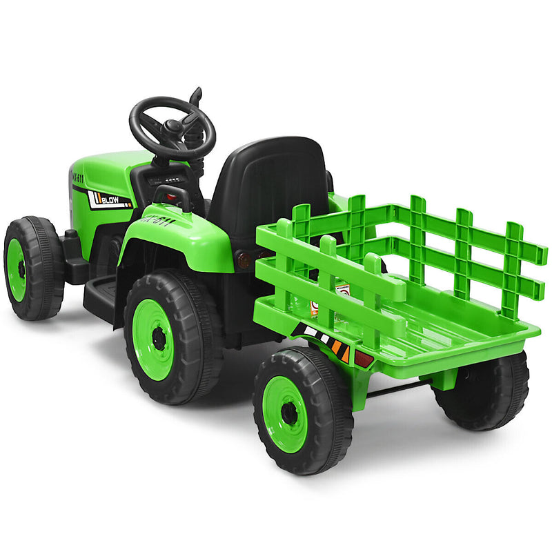 Green 12V Kids Ride On Tractor Trailer with RC Control and Lights