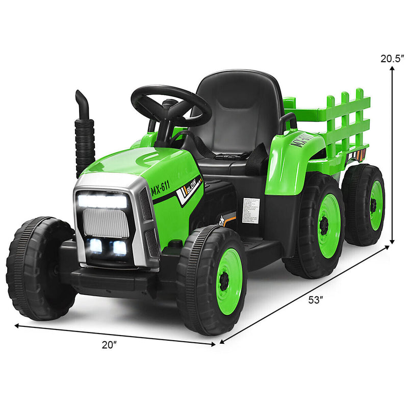Green 12V Kids Ride On Tractor with Trailer and Remote Control - Featuring Lights and Ground Loader