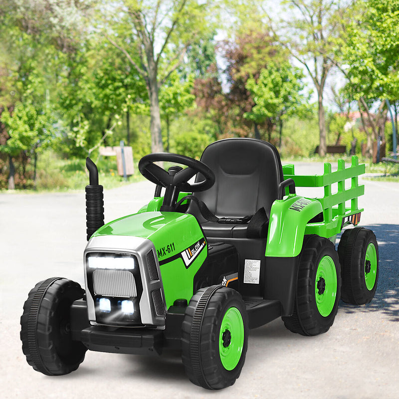 Green 12V Kids Ride On Tractor with Trailer and Remote Control - Featuring Lights and Ground Loader
