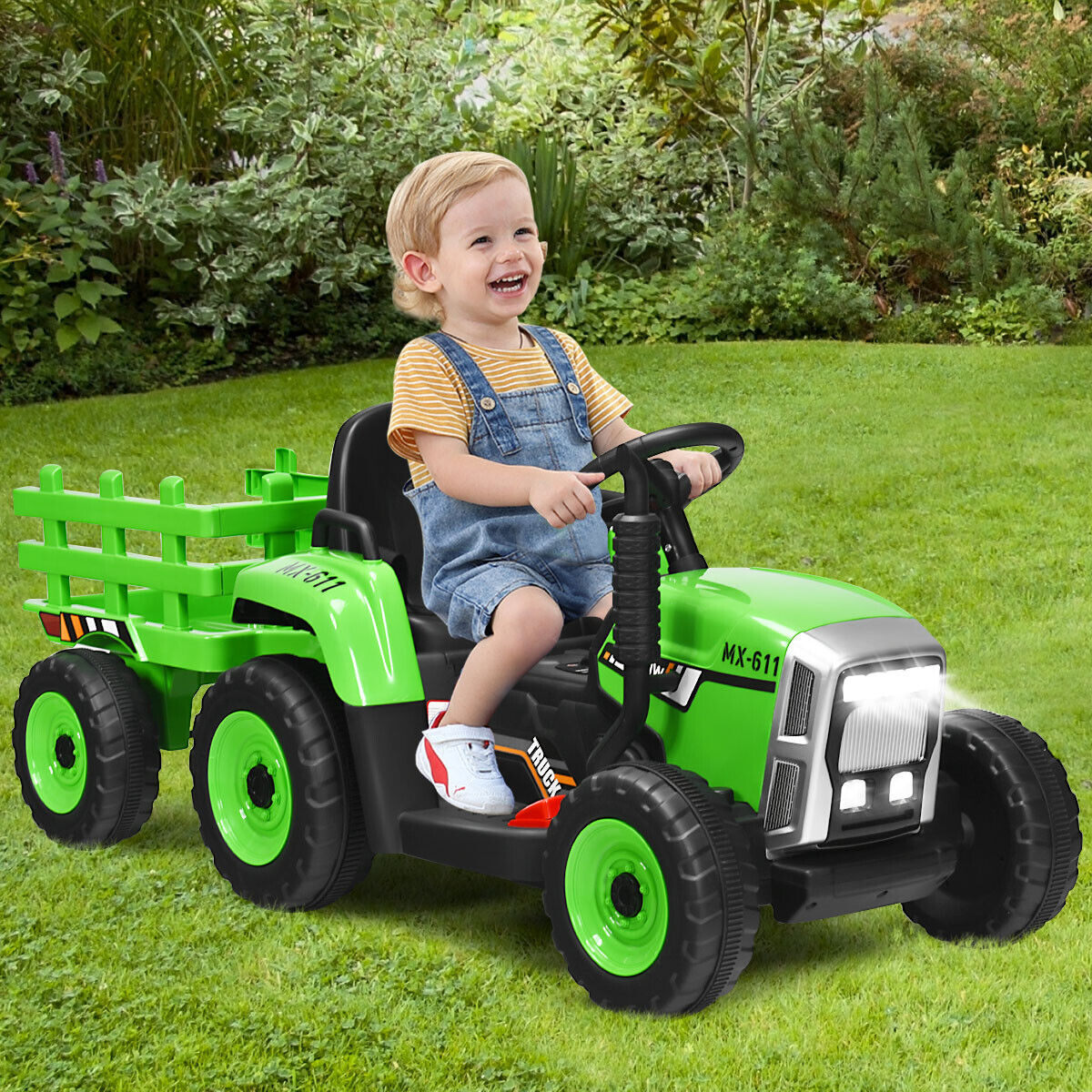 Green 12V Kids Ride On Tractor with Trailer and Remote Control - Featuring Lights and Ground Loader