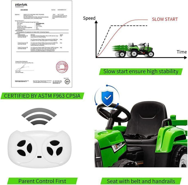 Green 12V Kids Ride On Tractor with Trailer and Remote Control - Perfect Gift for Little Ones!