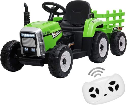 Green 12V Ride-On Tractor with Trailer and Remote Control for Kids, Featuring LED Headlights