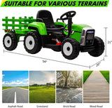Green 12V Ride-On Tractor with Trailer and Remote Control for Kids, Featuring LED Headlights