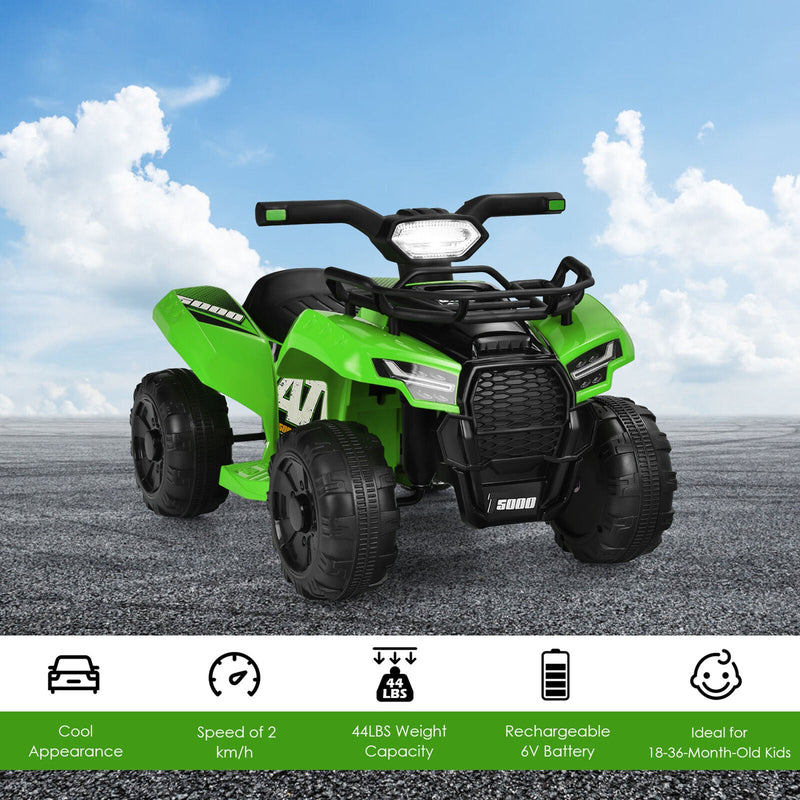 Green 6V ATV Quad Ride-On Car for Kids with Music, Horn, and LED Lights