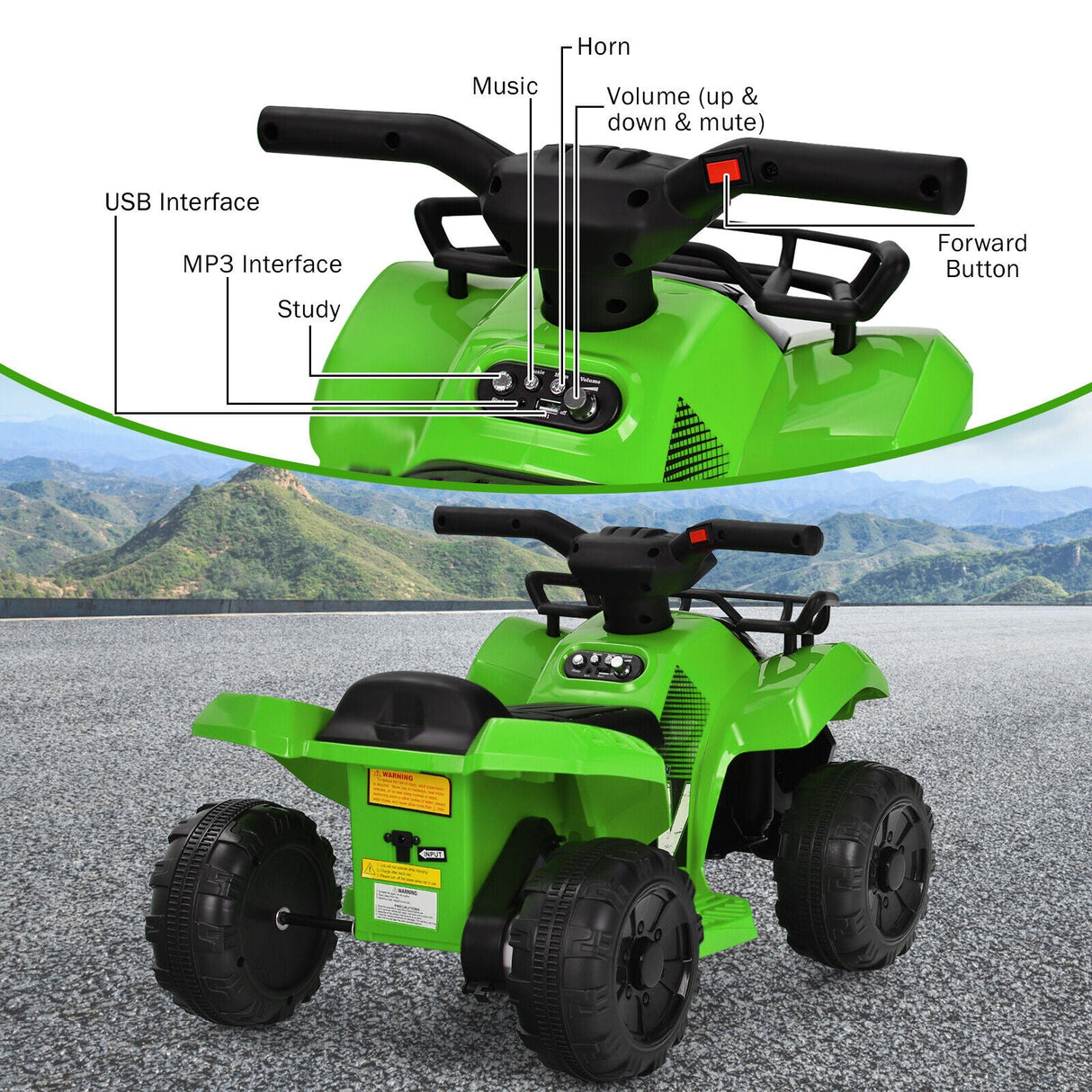 Green 6V Kids ATV Quad Electric Ride On Car Toy with LED Light and MP3 Player for Toddlers