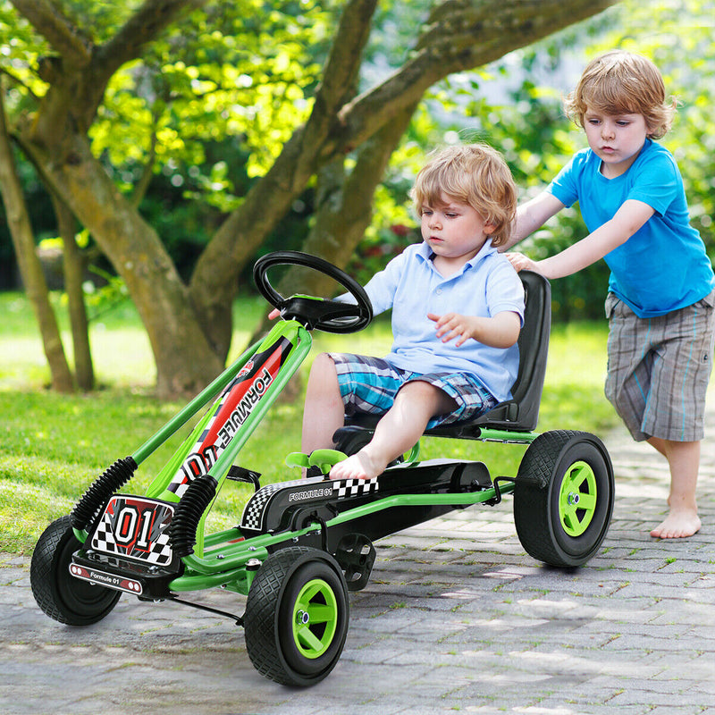 Green Adjustable Seat Pedal-Powered Kids Go Kart with 4 Wheels - Honeyjoy Ride On Toy