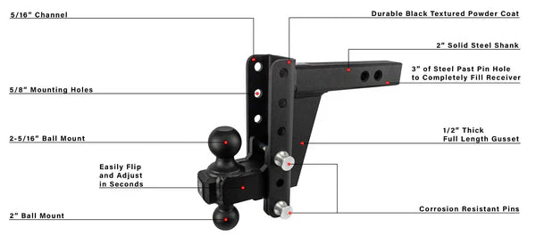 Bulletproof Heavy Duty 6” Drop/Rise Hitch - 2" Box Steel Shank