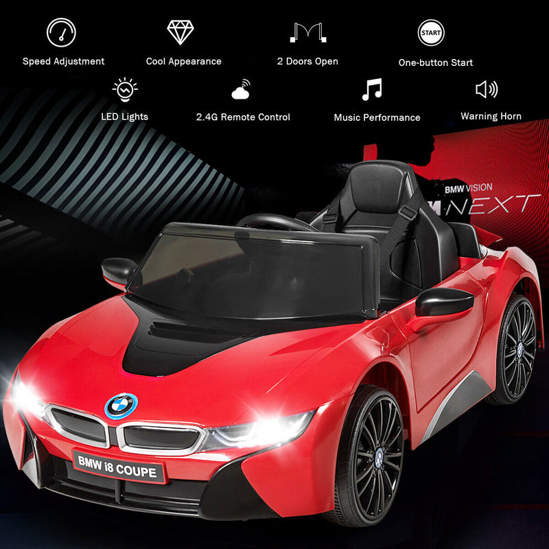 HoneyJoy 12V Licensed BMW I8 Kids Ride On Car with Remote Control, MP3 Player, and LED Lights in Red