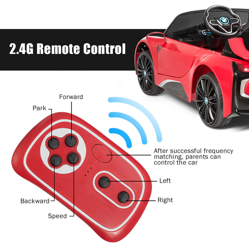 HoneyJoy 12V Licensed BMW I8 Kids Ride On Car with Remote Control, MP3 Player, and LED Lights in Red