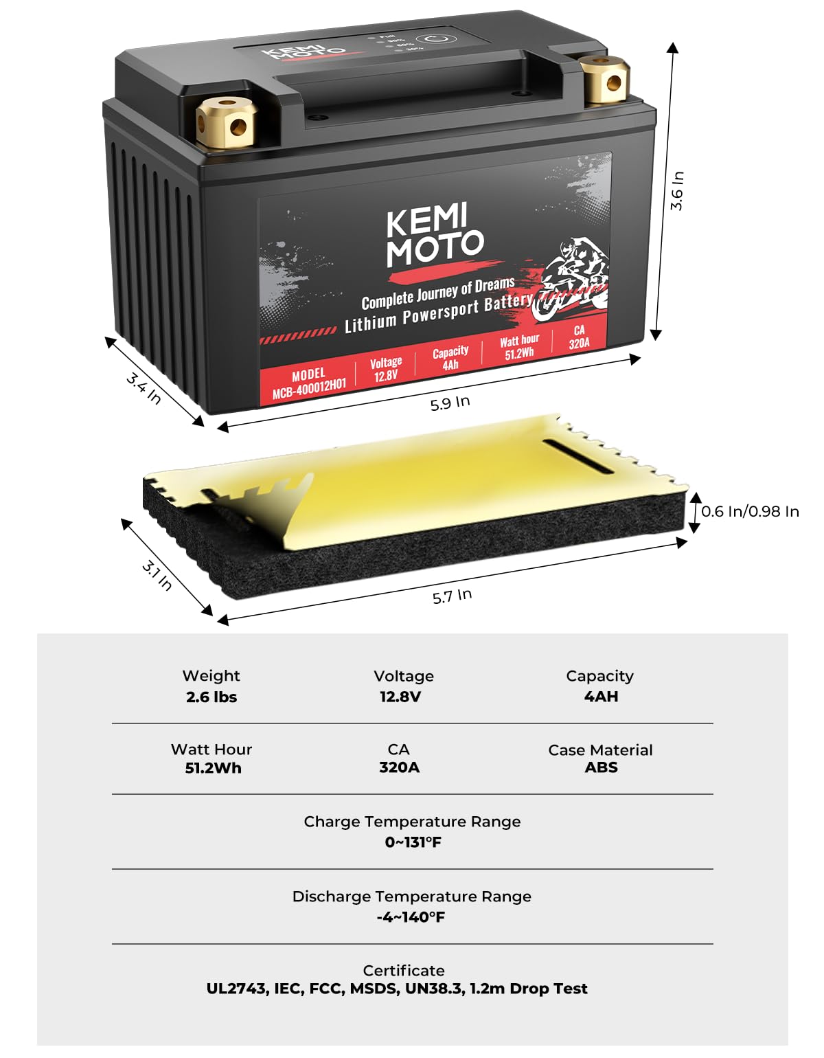 LiFePO4 12v 4Ah Lithium Battery for Motorcycle/ Lawn Mower/ ATV/ UTV