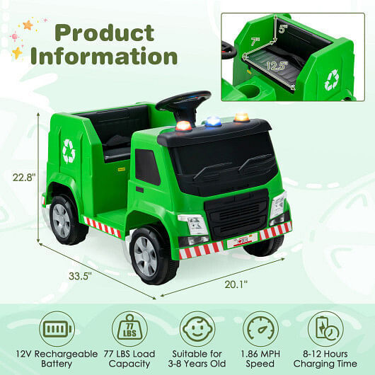 Interactive 12V Garbage Truck for Kids with Flashing Lights and Recycling Accessories