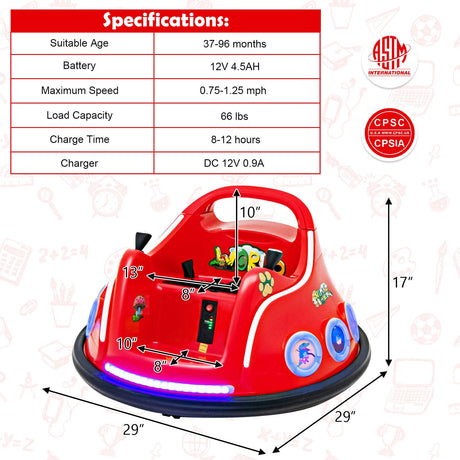 Interactive 12V Kids Bumper Car with Remote Control, LED Lights, and Music - Red