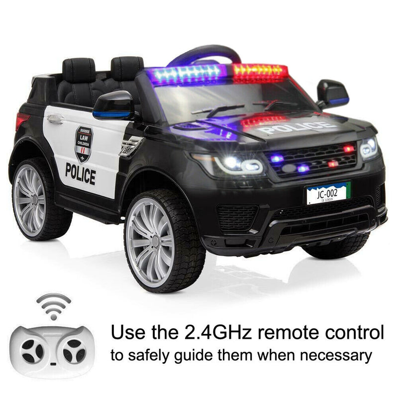 Interactive 12V Kids Police Car with Music, LED Lights, and Remote Control