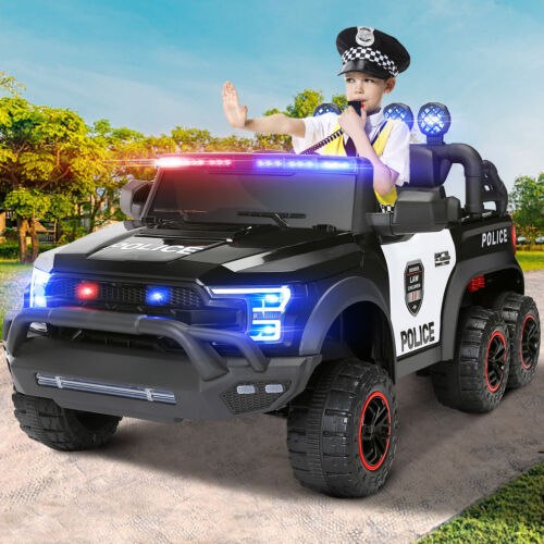Interactive 12V Police Car Ride-On with RC, LED Lights, and Intercom - 6 Wheel Truck for Kids