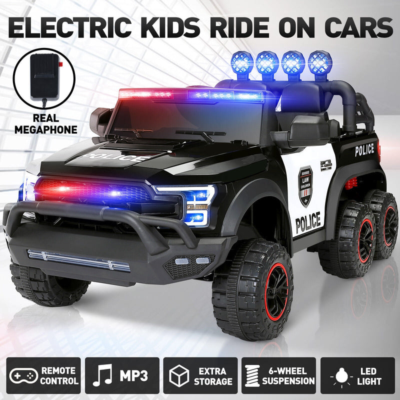 Interactive 12V Police Car Ride-On with RC, LED Lights, and Intercom - 6 Wheel Truck for Kids