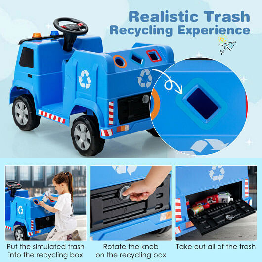 Interactive 12V Ride-on Garbage Truck with Lights and Recycling Accessories for Kids