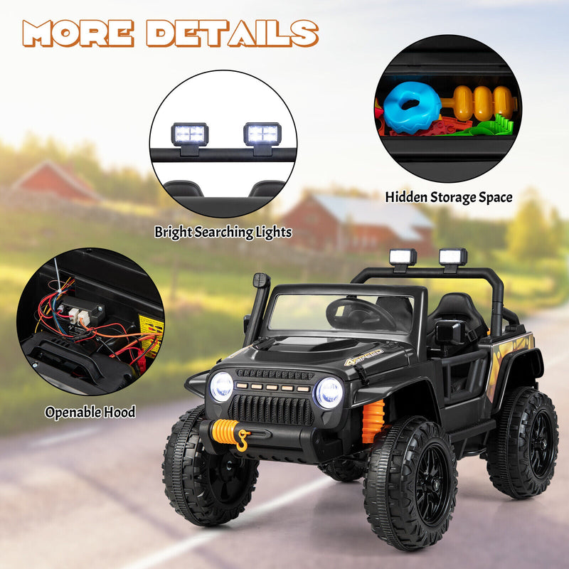 Interactive 12V Ride On Truck with Remote Control, LED Lights, and Music for Parent-Child Fun