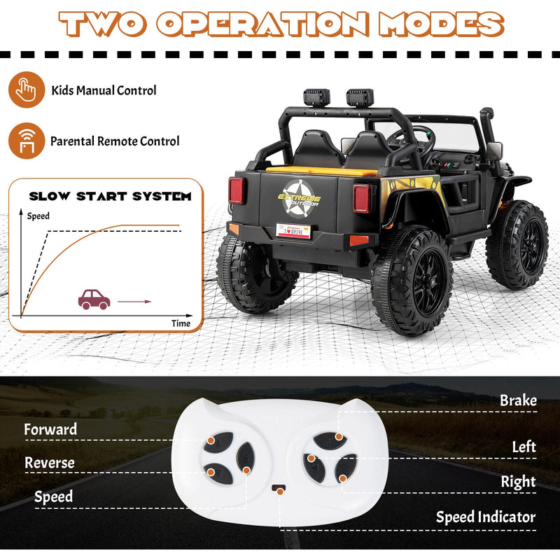 Interactive 12V Ride On Truck with Remote Control, LED Lights, and Music for Parent-Child Fun