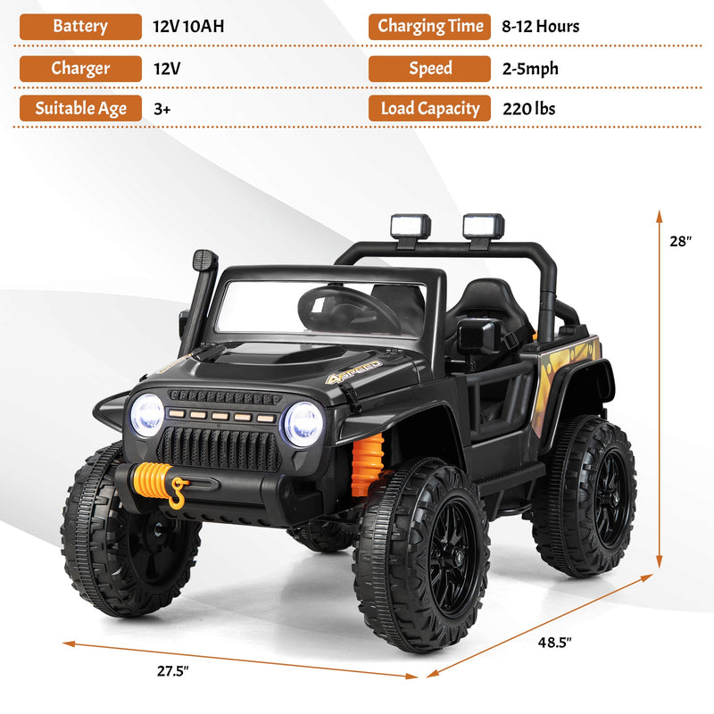 Interactive 12V Ride On Truck with Remote Control, LED Lights, and Music for Parent-Child Fun