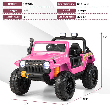 Interactive 12V Ride On Truck with Remote Control, LED Lights, and Music for Parent-Child Fun