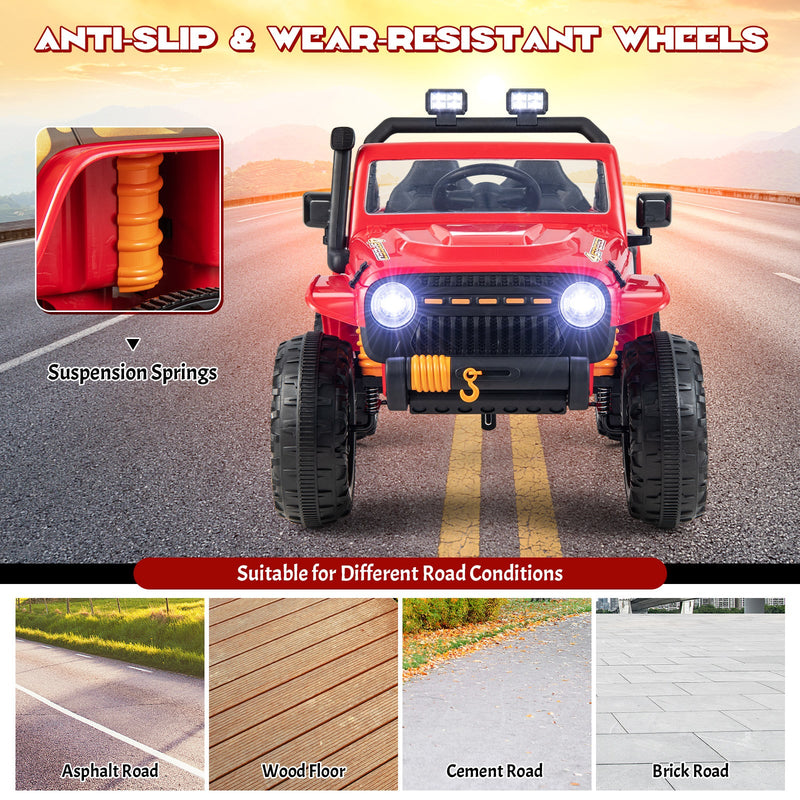 Interactive 12V Ride On Truck with Remote Control, LED Lights, and Music for Parent-Child Fun