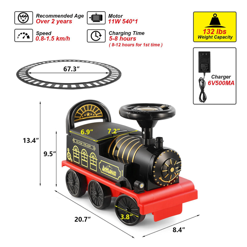 Interactive 6V Electric Kids Train Set with Track, Carriage, Lights, Whistle, Music, Storytelling, and Storage