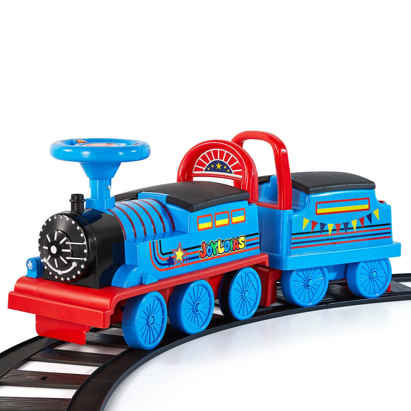 Interactive 6V Electric Kids Train Set with Track, Carriage, Lights, Whistle, Music, Storytelling, and Storage