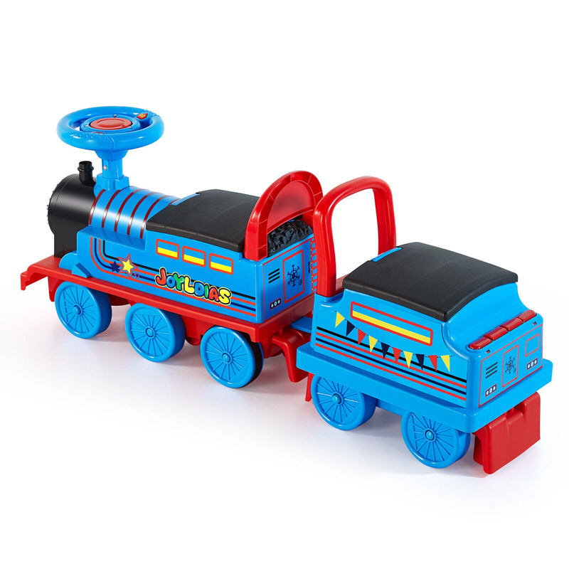 Interactive 6V Electric Kids Train Set with Track, Carriage, Lights, Whistle, Music, Storytelling, and Storage