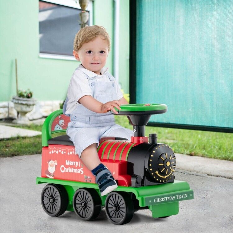 Interactive 6V Kids Ride-On Train with 16-Piece Track Set, Lights, Sounds, and Storage Seat