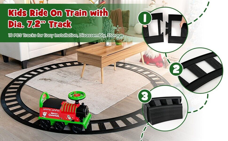 Interactive 6V Kids Ride-On Train with 16-Piece Track Set, Lights, Sounds, and Storage Seat