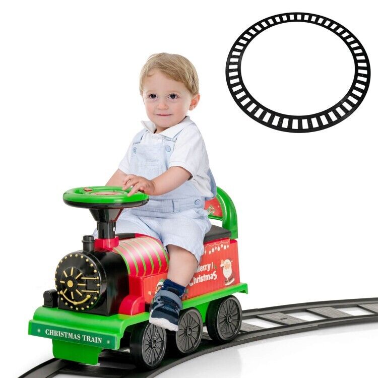 Interactive 6V Kids Ride-On Train with 16-Piece Track Set, Lights, Sounds, and Storage Seat
