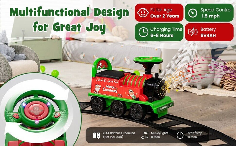 Interactive 6V Kids Ride-On Train with 16-Piece Track Set, Lights, Sounds, and Storage Seat