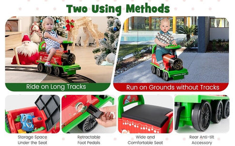 Interactive 6V Kids Ride-On Train with 16-Piece Track Set, Lights, Sounds, and Storage Seat