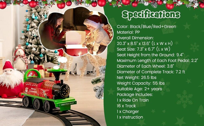 Interactive 6V Kids Ride-On Train with 16-Piece Track Set, Lights, Sounds, and Storage Seat