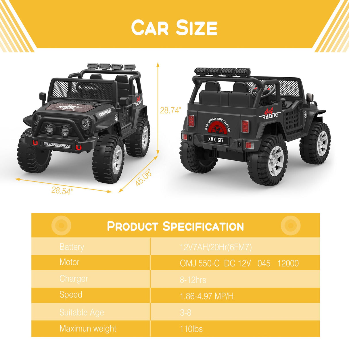 Electric Ride-On Car for Kids with LED Lights, MP3 Player, and Remote Control - 2 Seats, 12V