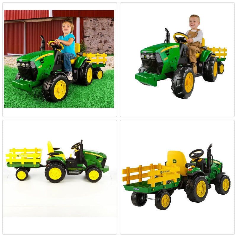 John Deere Ground Force 12V Tractor Ride-On Toy with Trailer and FM Radio for Kids - Brand New