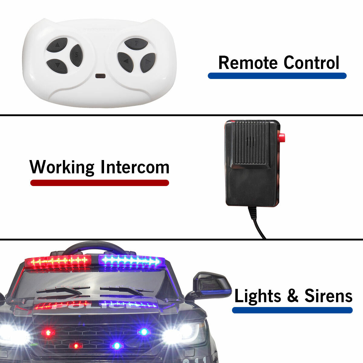 Kid Ride on Police Car with Parental Remote Control - 12V Battery Powered Electric Truck