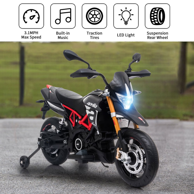 Kid's Electric Motorcycle with Training Wheels, LED Lights, and MP3 Player - Black (12V)