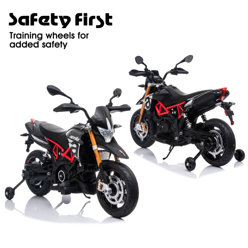 Kid's Electric Motorcycle with Training Wheels, LED Lights, and MP3 Player - Black (12V)