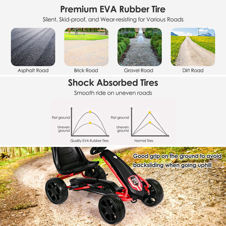 Kids' Pedal Car Go Kart - Adjustable Seat, 4 Wheels, Black
