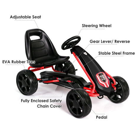 Kids' Pedal Car Go Kart - Adjustable Seat, 4 Wheels, Black