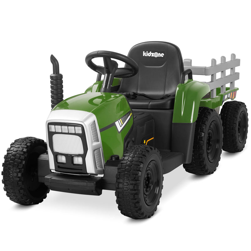 Kidzone 12V Electric Tractor with Trailer and LED Lights, Bluetooth Connectivity for Kids