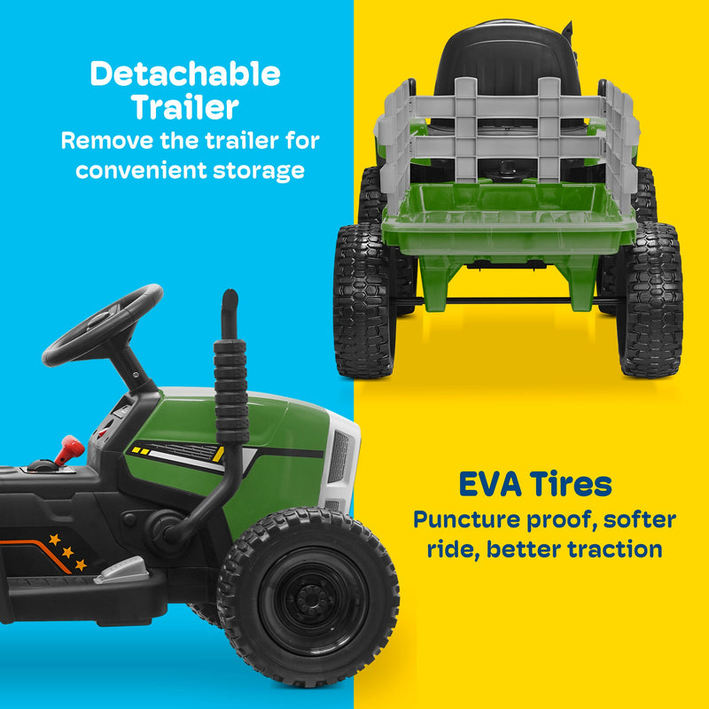 Kidzone 12V Electric Tractor with Trailer and LED Lights, Bluetooth Connectivity for Kids