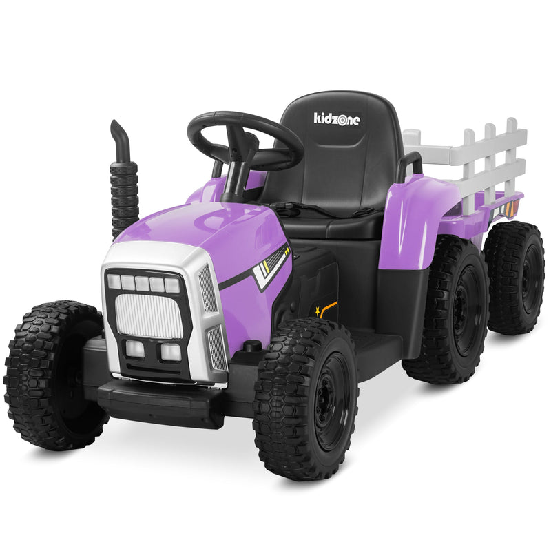Kidzone 12V Electric Tractor with Trailer and LED Lights, Bluetooth Connectivity for Kids