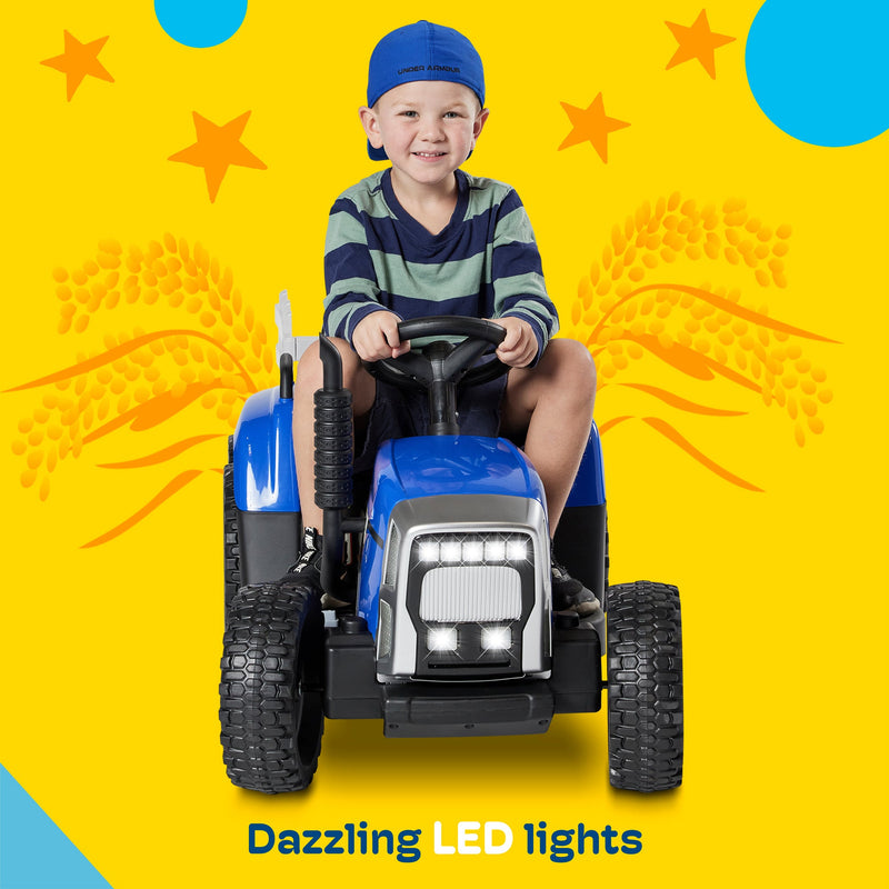 Kidzone 12V Electric Tractor with Trailer and LED Lights, Bluetooth Connectivity for Kids