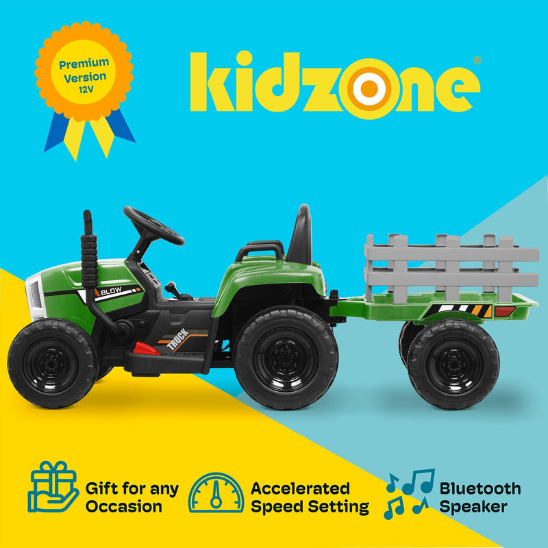Kidzone 12V Electric Tractor with Trailer Ride-On Toy, Dual Speeds