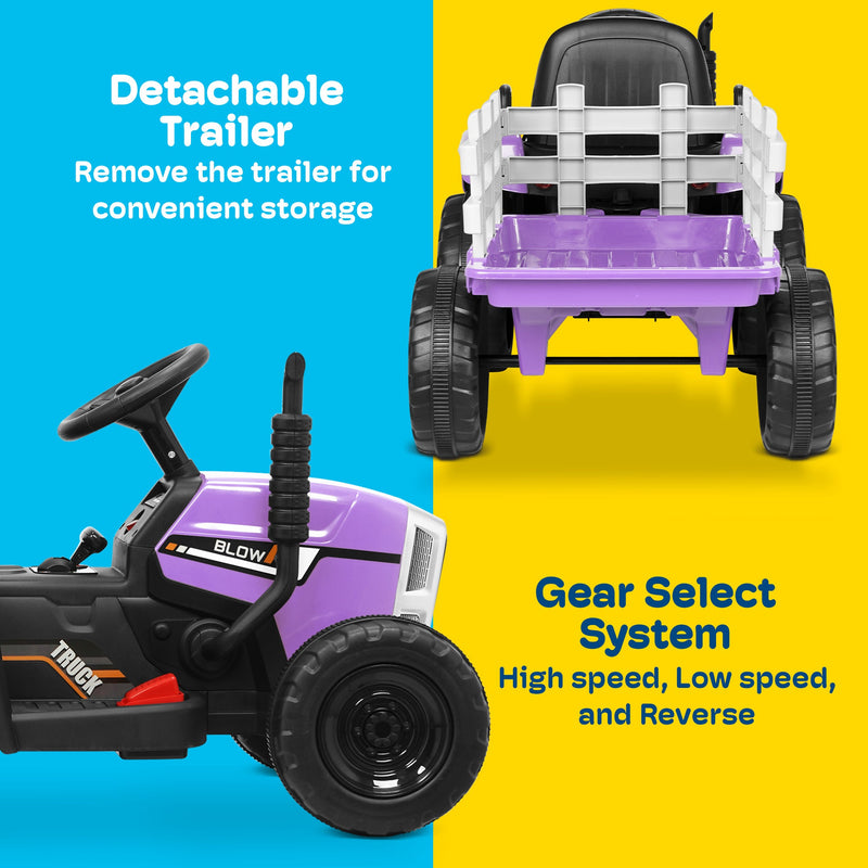 Kidzone 12V Electric Tractor with Trailer Ride-On Toy, Dual Speeds