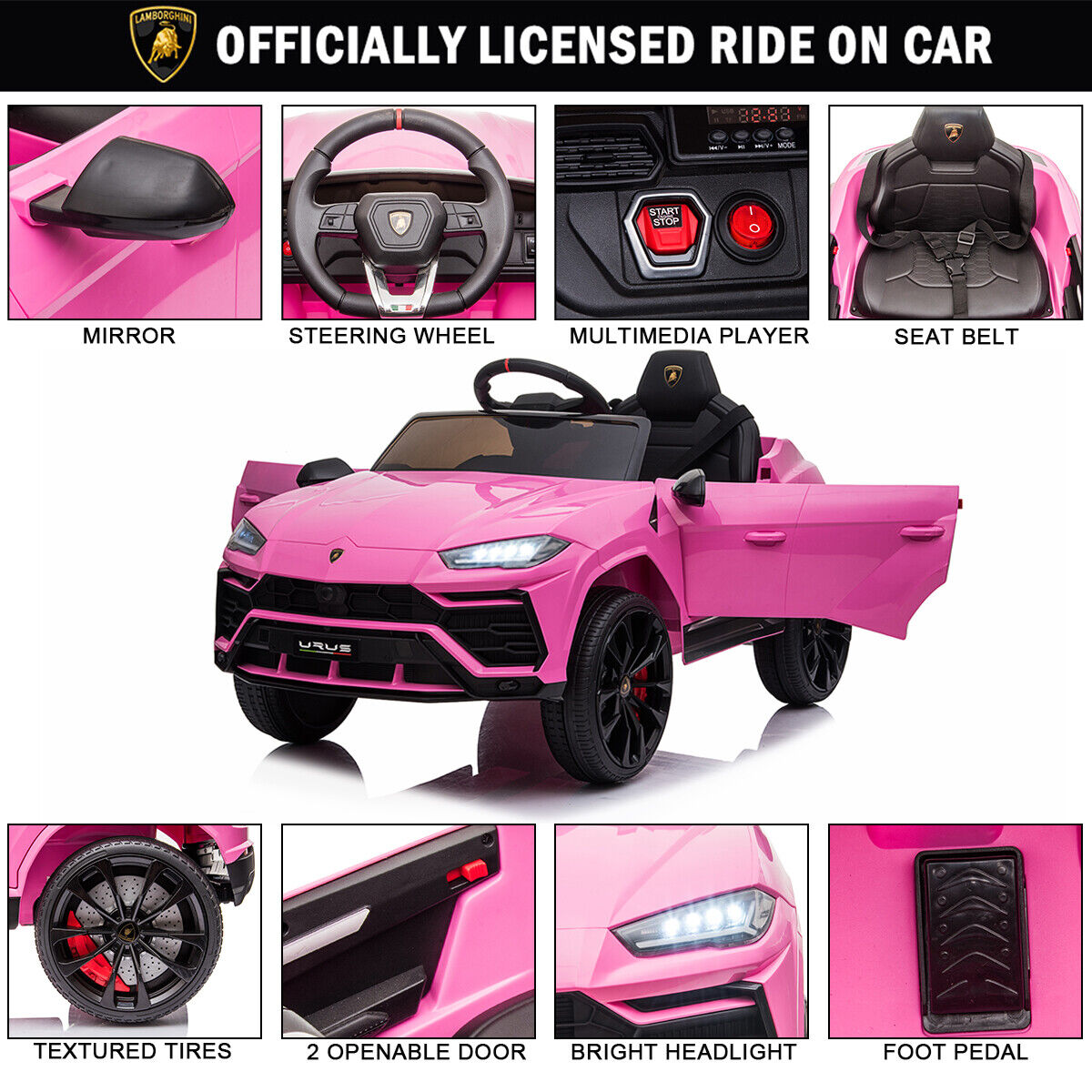 Kimbosmart 12V Licensed Lamborghini Urus Ride On Car with Remote Control and MP3 Player for Kids