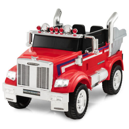 Licensed 12V Freightliner Kids Ride On Truck with Dump Box and Lights - Red